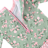 Baby Girls Tea Roses Long Sleeve One Piece Rash Guard Swimsuit with Signature Rear Ruffles