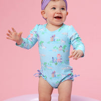 Baby Girls Once Upon a Castle Long Sleeve One Piece Rash Guard Swimsuit with Signature Rear Ruffles