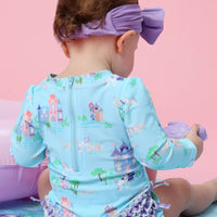Baby Girls Once Upon a Castle Long Sleeve One Piece Rash Guard Swimsuit with Signature Rear Ruffles