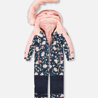 One Piece Play Snowsuit Printed Navy Flowers