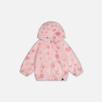 Baby Hooded Full Zip Faux Fur Jacket Pink With Hearts