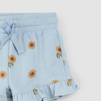 Sunflower Print on Celestial Blue Ruffled Shorts