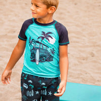 Printed Swim Trunks Light Blue Beach On Black