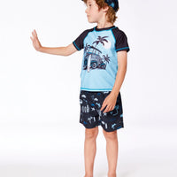 Printed Swim Trunks Light Blue Beach On Black