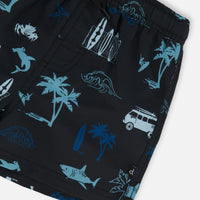 Printed Swim Trunks Light Blue Beach On Black