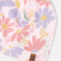 Stretch Jersey Hat Pink Flower Print With Pompom