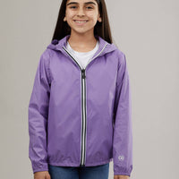 Kids light purple full zip packable rain jacket and windbreaker