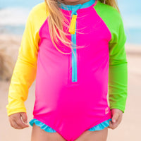 Girls Neon Color Block Long Sleeve One Piece Rash Guard Swimsuit