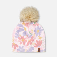 Stretch Jersey Hat Pink Flower Print With Pompom