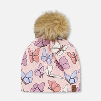 Stretch Jersey Hat Pink Printed Butterflies With Pompom