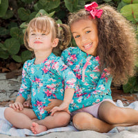 Girls Fancy Me Floral Long Sleeve Zipper Rash Guard 2-Piece Swimsuit with Signature Rear Ruffles