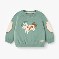 Turquoise knit sweater with horse pattern, baby