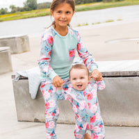 Organic Cotton Two Piece Printed Pajama Set Blue Roses & Butterflies