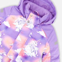 One Piece Lavender Snowsuit With Unicorns In The Cloud Print
