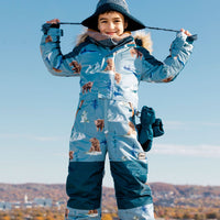 One Piece Snowsuit Blue With Bear Print
