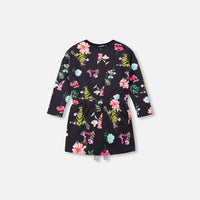 Long Sleeve French Terry Tunic Black Botanical Flowers Print