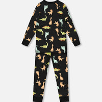 Organic Cotton Two Piece Pajama Set Black With Dinosaurs Print