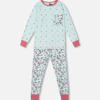 Organic Cotton Long Sleeve Two Piece Pajama Set Light Blue Floral Print