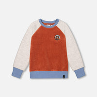 Color Block Raglan Velvet Rib Sweatshirt Burnt Orange
