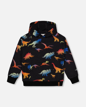 Printed Multicolor Dinosaur Fleece Hoodie Black