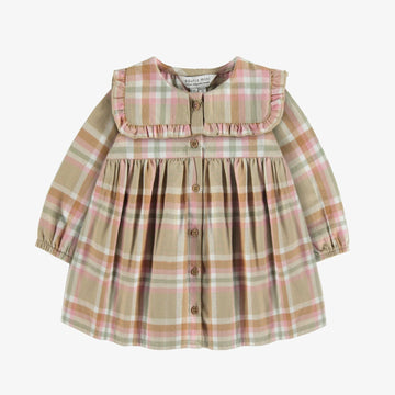 BEIGE AND PINK CHECKERED DRESS IN BRUSHED TWILL, BABY
