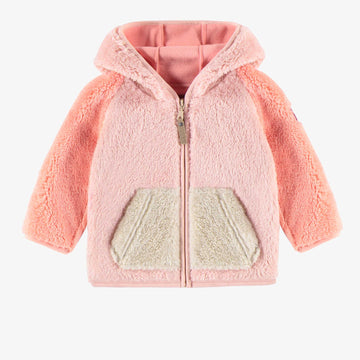 PINK COLOR BLOCK HOODED VEST IN SHERPA, BABY
