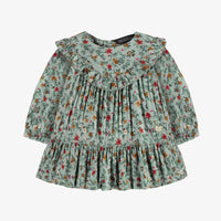 GREEN LONG SLEEVES DRESS WITH RUFFLE AND FLORAL PATTERN IN VISCOSE, BABY