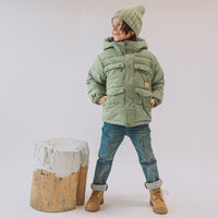 GREEN PUFFER COAT WITH HIGH COLLAR AND HOOD, CHILD