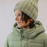 GREEN PUFFER COAT WITH HIGH COLLAR AND HOOD, CHILD