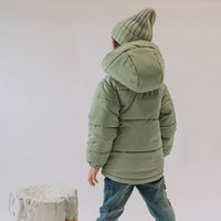 GREEN PUFFER COAT WITH HIGH COLLAR AND HOOD, CHILD