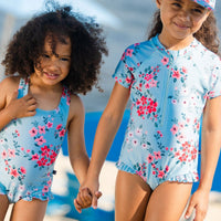 One Piece Swimsuit Light Blue Flower Print
