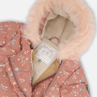 One Piece Baby Hooded Snowsuit Printed Vintage Flowers Designed For Car Seat