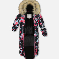 One Piece Baby Snowsuit Black Printed Roses Designed For Car Seat