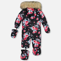One Piece Baby Snowsuit Black Printed Roses Designed For Car Seat