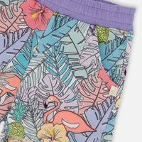 Printed French Terry Short Lilac Tropical And Pink Flamingos