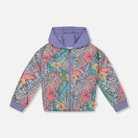 Printed French Terry Hoodie Cardigan Lilac Tropical And Pink Flamingos
