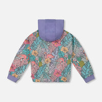 Printed French Terry Hoodie Cardigan Lilac Tropical And Pink Flamingos