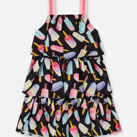 Printed Tiered Dress Ice Lollipops And Black