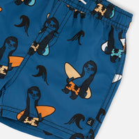 Printed Swim Trunks Orange Sloths On Navy Blue