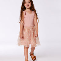 Bi-Material Dress With Printed Dots On Mesh Skirt Warm Old Pink