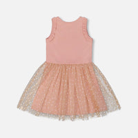 Bi-Material Dress With Printed Dots On Mesh Skirt Warm Old Pink