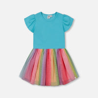 Bi-Material Dress With Printed Mesh Skirt Multicolored