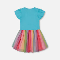 Bi-Material Dress With Printed Mesh Skirt Multicolored