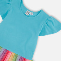 Bi-Material Dress With Printed Mesh Skirt Multicolored