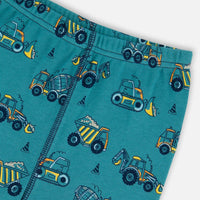 Organic Cotton Two-Piece Short Sleeve Top And Pant Pajama Set Teal With Yellow Truck