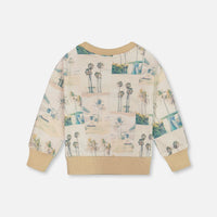 Printed Pullover Sweatshirt Beige Palm Tree And Teal