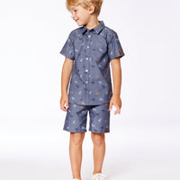 Printed Chambray Short Sleeve Shirt Gray, White And Tan