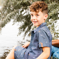 Printed Chambray Short Sleeve Shirt Gray, White And Tan