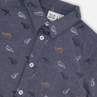 Printed Chambray Short Sleeve Shirt Gray, White And Tan