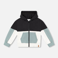 French Terry Color Block Full Zip Hoodie Black, Teal And Shimmer